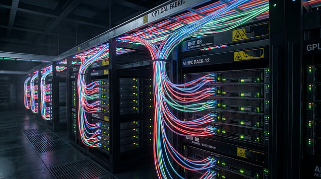 Photorealistic AI Training Cluster Optical Interconnects Co Packaged Optics Fiber Cables Wavelength 3D