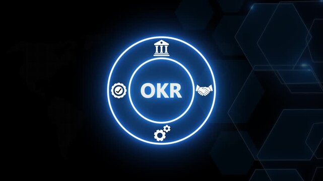 Okr objectives and key results business strategy concept with glowing neon digital interface and corporate
