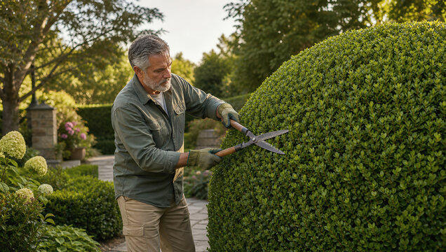 Gardener man hedge shear pruning garden outdoor summer landscaping shrub Mature male gardener trimming round hedge with shear sunny garden outdoor