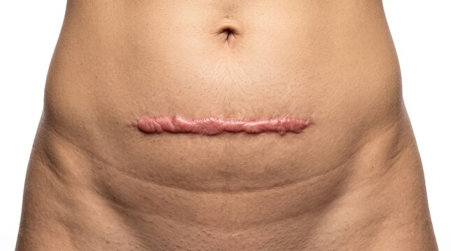 Hypertrophic keloid scar on female lower abdomen after cesarean section surgery, dermatology and healing concept.