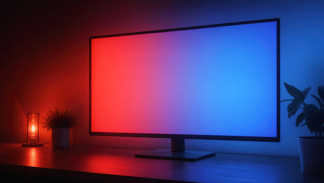Monitor computer screen light glow red blue desk dark plant modern monitor computer screen with soft red blue light glow dark desk beside plant