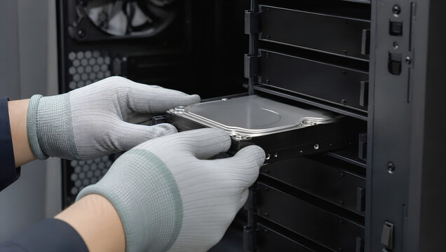 High tech data center hard drive server rack storage technician maintenance gloved hand hardware technology installation
