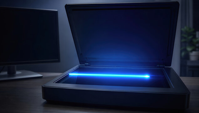 Scanner office technology blue light document copy equipment Modern scanner office technology with blue light scanning document copy equipment