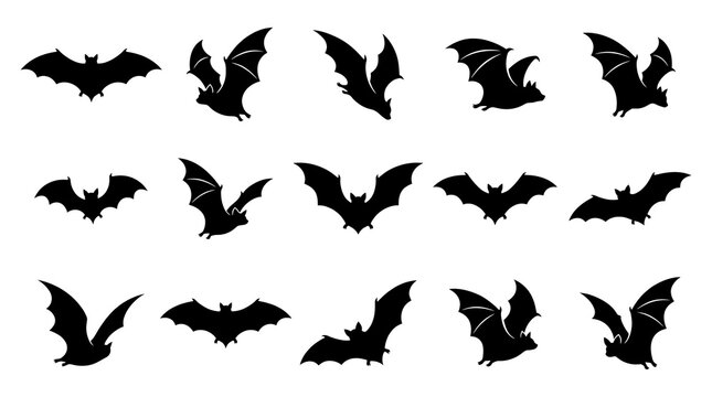Set of flying bat silhouettes. Collection of black bat icons for Halloween design.