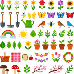 Obraz premium Spring Gardening and Outdoor Picnic Vector Elements Collection featuring Flowers, Gardening Tools, Birds, Butterflies, Potted Plants, Picnic Basket, and Wreath.