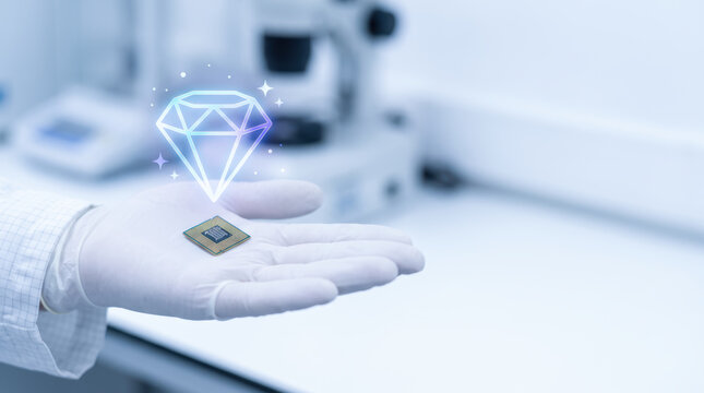 Semiconductor chip in gloved hand for supply squeeze in clean lab with diamond icon and soft focus