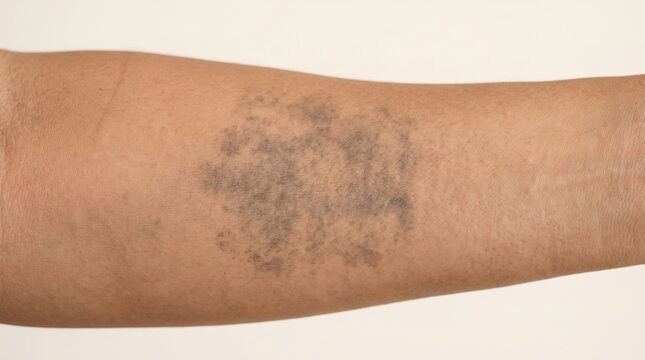 Close up of forearm with large dark patch, post inflammatory hyperpigmentation, friction melanosis or skin bruising