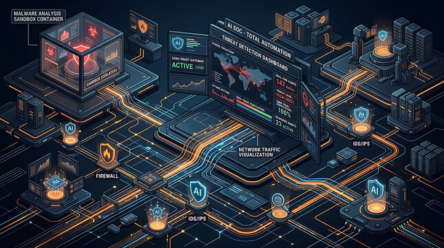 Dark Mode Isometric AI Security Operations Center SOC Autonomous Threat Detection Dashboard Zero Trust