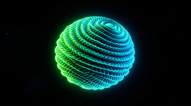 Abstract 3d sphere with glowing green and blue spiral geometric texture isolated on black background