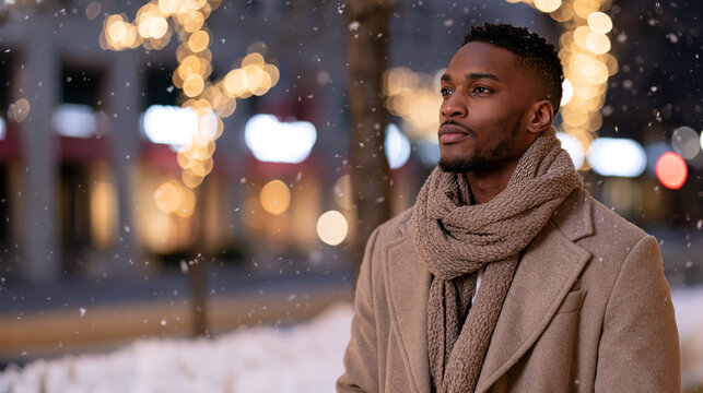 Snowflakes drift softly through the city air. Good looking young black African-American Man gazes thoughtfully, wrapped in warm tones. His coat and scarf give comfort against the chill. Room for copy
