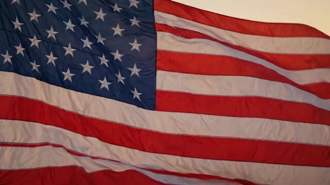 American flag waving in wind at sunset