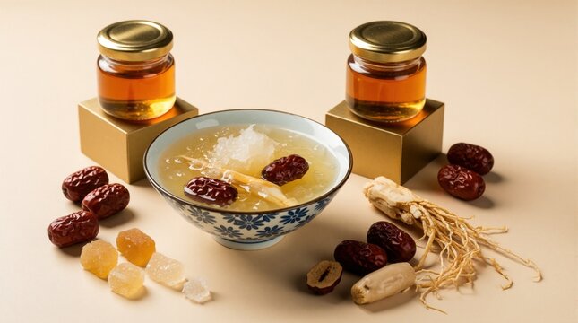 Bird nest soup with ginseng and red dates. Sweet tonic brew in bowl near honey jars. Healthy traditional food with natural ingredients for wellness.