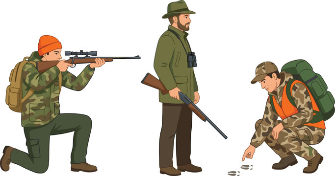 Hunter Vector Set Featuring Kneeling Sniper with Scoped Rifle Gamekeeper Standing with Binoculars and Tracker Examining Animal Footprints for Hunting Club Apparel and Outdoor Graphic DesignsHunter Vec