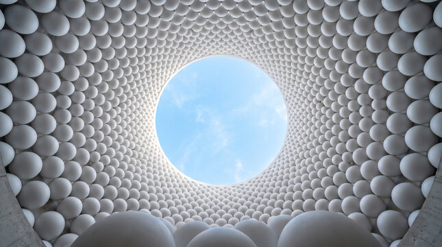 Low angle view of a modern architectural dome structure with a circular opening to the blue sky, featuring a repetitive spherical pattern