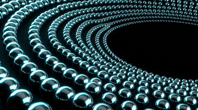 Abstract background of shiny metallic spheres arranged in concentric circles with a dark center