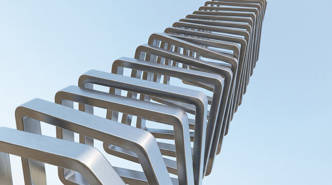 Abstract 3d render of a series of metallic square frames arranged in a twisted spiral pattern against a clear light blue sky background