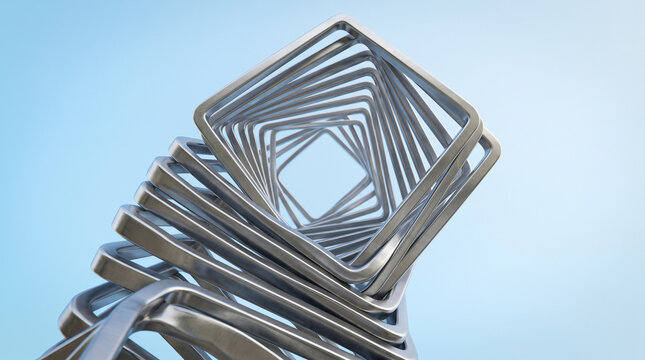 Abstract metal sculpture with stacked square frames forming a tunnel effect against a light blue background