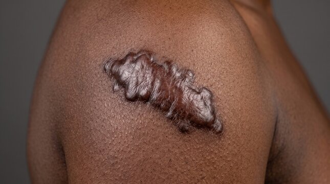 Severe hypertrophic keloid scar on the shoulder of a dark-skinned person, medical and healing concept.