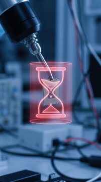 Semiconductor chip supply squeeze in laboratory with microscope probe and digital hourglass, blue light