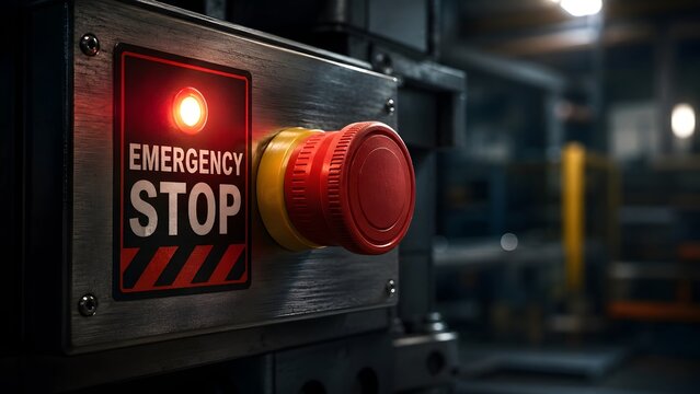 Illuminated red emergency stop button with warning sign on industrial machine panel, symbolizing critical safety measures and immediate operational shutdown.