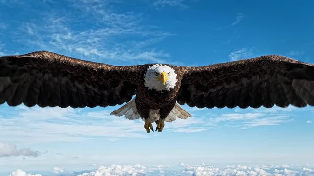 Bald eagle flying towards camera in blue sky