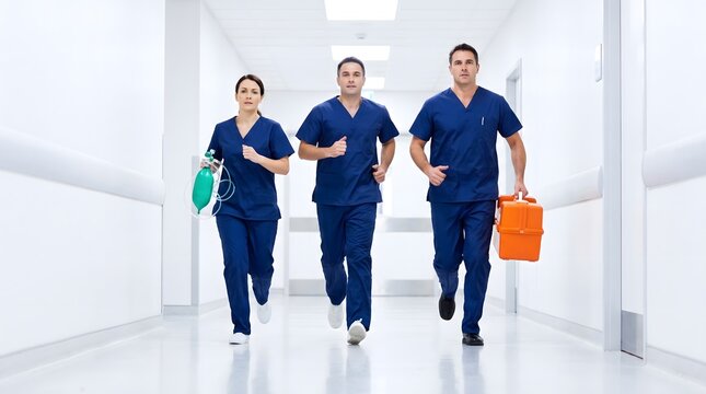 Medical professionals in uniform rush down a hospital corridor carrying emergency equipment, demonstrating urgency and a critical response to a medical situation
