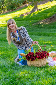 Fall in Style: A European Model's Picturesque Picnic Amidst Autumn's Golden Splendor