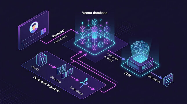 Isometric RAG Workflow Retrieval Augmented Generation Pipeline Chunking Embedding LLM Vector Diagram