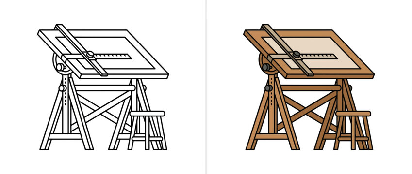 Vintage Drafting Table and Stool Set Illustration