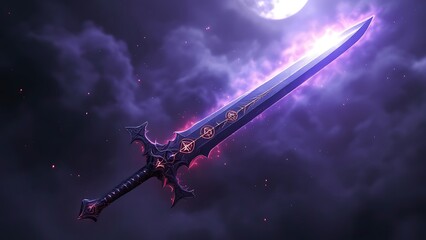 Naklejka premium Magical glowing purple fantasy sword floating in dramatic cloudy dark night sky with bright full moon