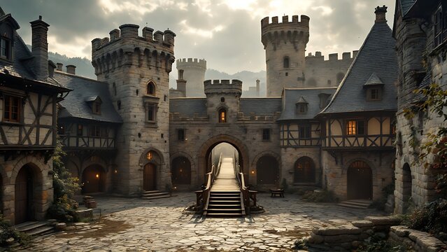 Medieval castle courtyard with stone towers, drawbridge, and old timber-framed houses digital illustration