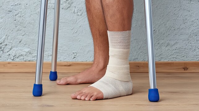 Man with bandaged injured ankle, medical crutches beside, sprain fracture recovery healthcare concept
