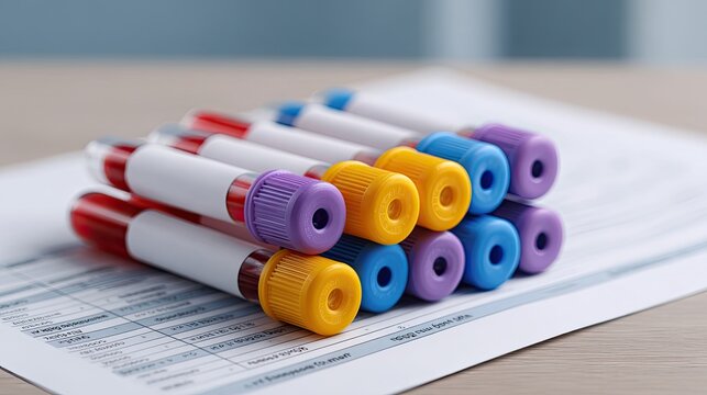 Close-up of color-coded blood collection tubes with vacutainer caps placed on a laboratory requisition form, representing routine diagnostic testing in clinical hematology