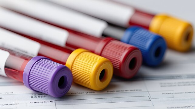 Close-up of color-coded blood collection tubes with vacutainer caps placed on a laboratory requisition form, representing routine diagnostic testing in clinical hematology