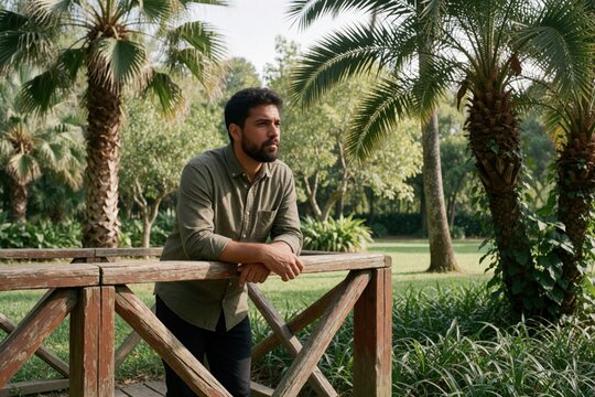 Bearded Latin man stands on wooden bridge in green park. Looks thoughtful, sad resting arms on fence. Depressed male reflects on life outdoors. Lonely guy experiences melancholy feelings alone in