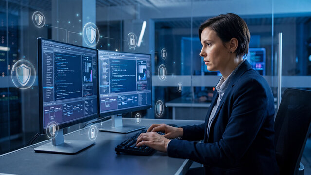 Analyst monitors cybersecurity threats and network defense systems through dual computer monitors while working late in a high-tech corporate office.