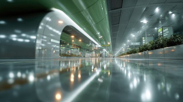 Modern Underground Station: A sleek and modern underground station with reflective flooring and bright lighting, conveying a sense of futuristic urban design and efficient transportation.