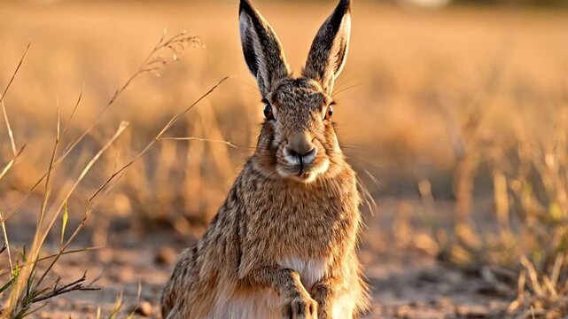Wild hare sitting alert in golden hour meadow cinematic steady shot for nature documentary marketing