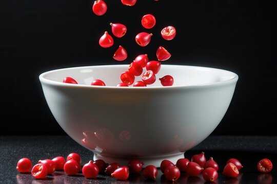 Red pomegranate arils fall into a white bowl