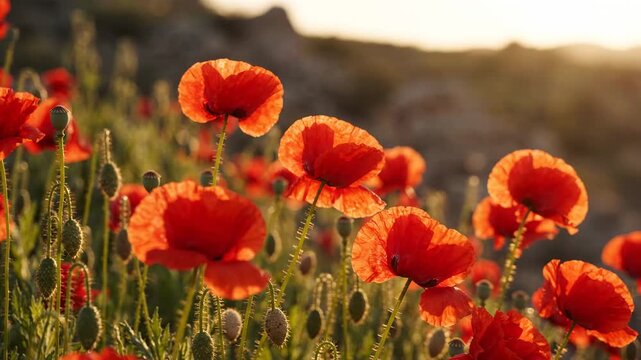 Red poppy flowers swaying in sunset light