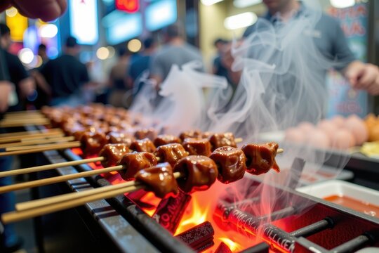 Grilled skewers sizzle over glowing embers