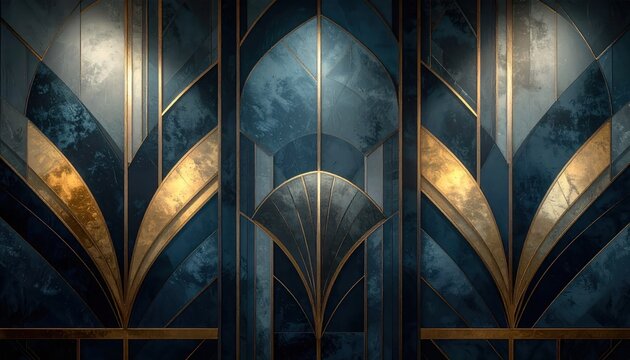 Art Deco geometric pattern with gold and teal lines.