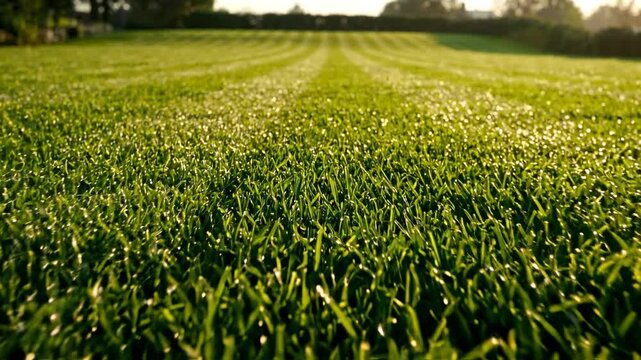 Camera moving through green field at sunrise