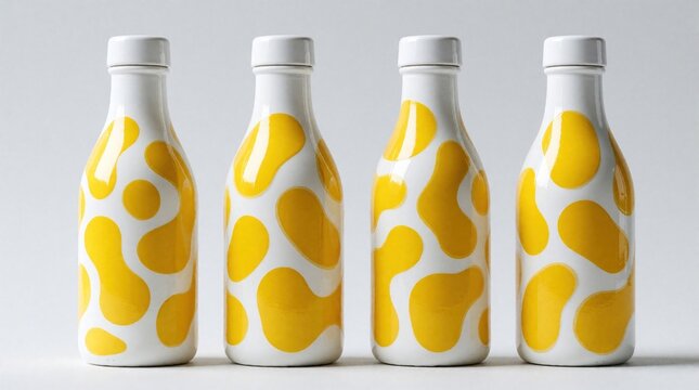 Four white bottles feature bright yellow irregular amoeba patterns. Modern containers stand in row on white background. Minimalist design aesthetic suits beverage marketing dairy product branding.