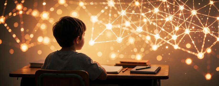 Young boy sits at wooden school desk, looks at glowing golden digital network. Small student studies science with bright light nodes. Child imagines future innovation ideas during learning process.