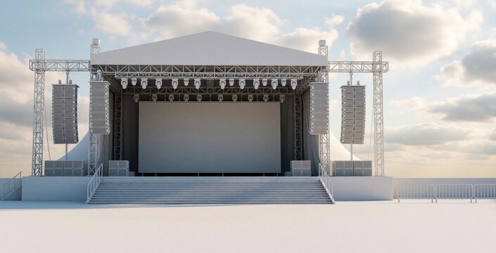 Outdoor concert stage with empty projection screen, sound speakers against cloudy sky. Large metal truss structure for music festival performance. White platform for public event presentation