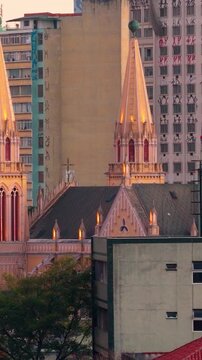Sun setting over the modern buildings of Curitiba Parana, Parana, Brazil