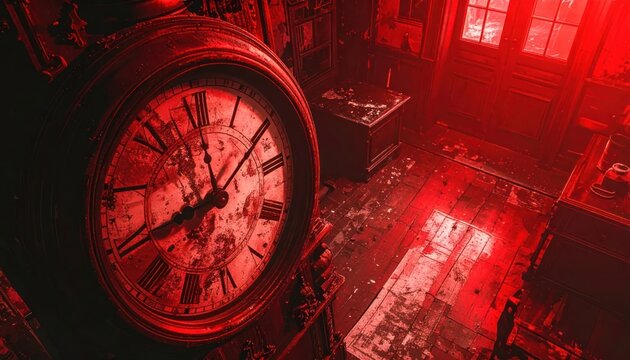 Antique clock in a dark room with red lighting.