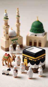 Miniature figures of Hajj pilgrimage including Kaaba Prophet Mosque camel sheep pilgrims in Ihram clothing. Small toys represent Islamic holy sites and traditions.