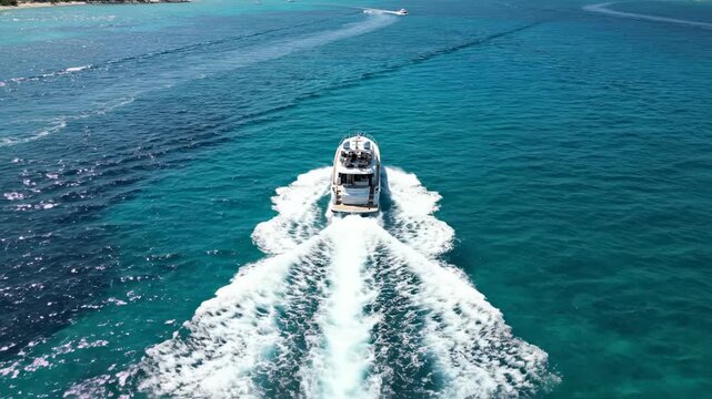 Motorboat cruising through turquoise ocean water